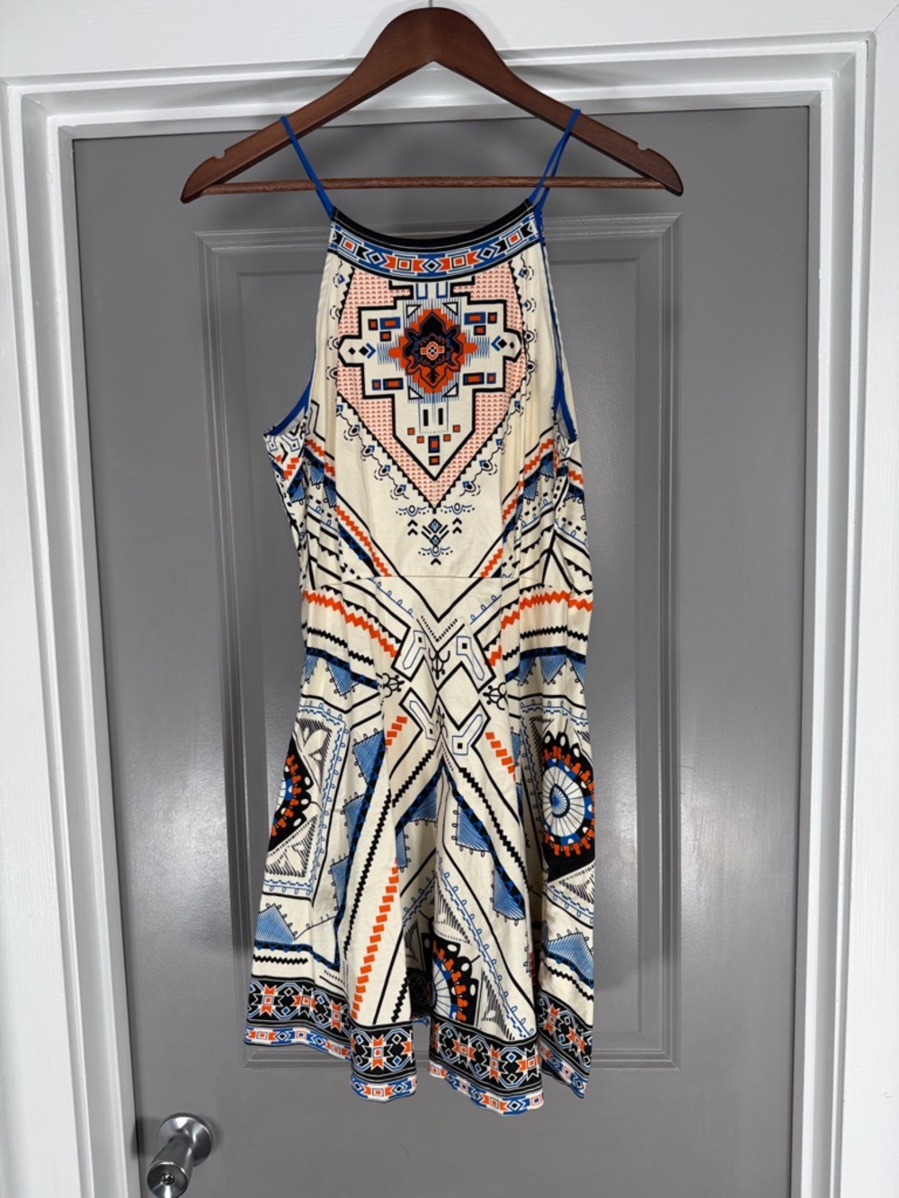Flying Tomato Cream Dress with Blue and Orange Geometric Print